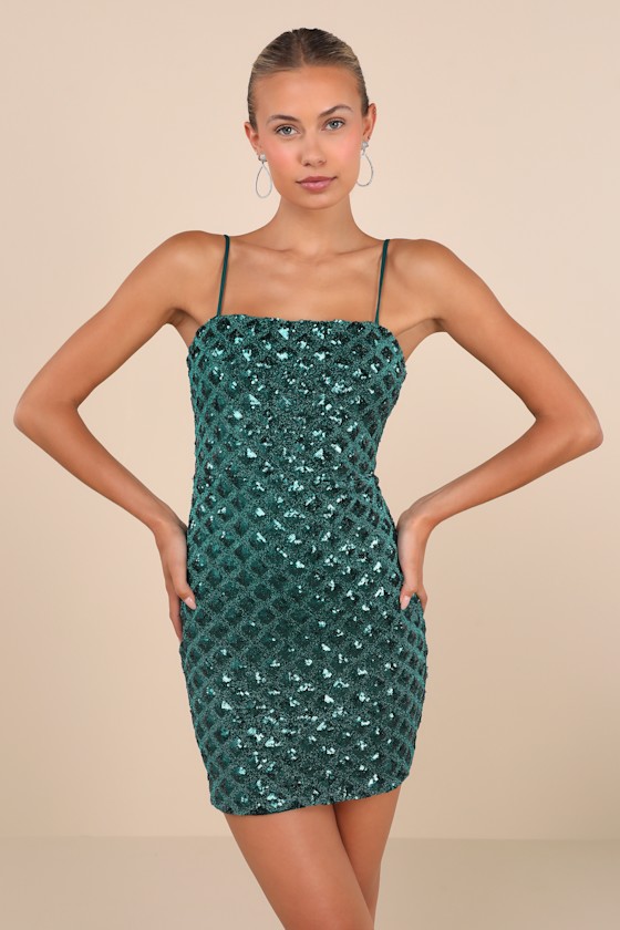 LULUS SHIMMERING VIBES EMERALD GREEN LUREX SEQUIN LACE-UP MINI DRESS