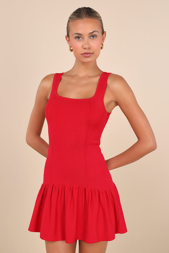 LULUS PLAYFUL ATTITUDE RED SLEEVELESS SEAMED DROP-WAIST MINI DRESS 
