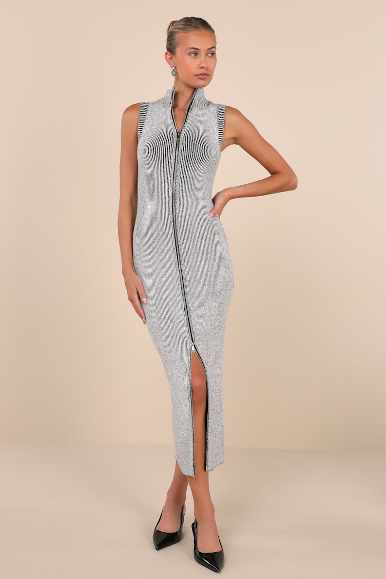 Grey Marled Knit Dress - Midi Sweater Dress - Zip-Front Dress - Lulus 
