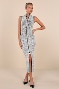 Confident Moves Light Grey Marled Zip-Front Midi Sweater Dress