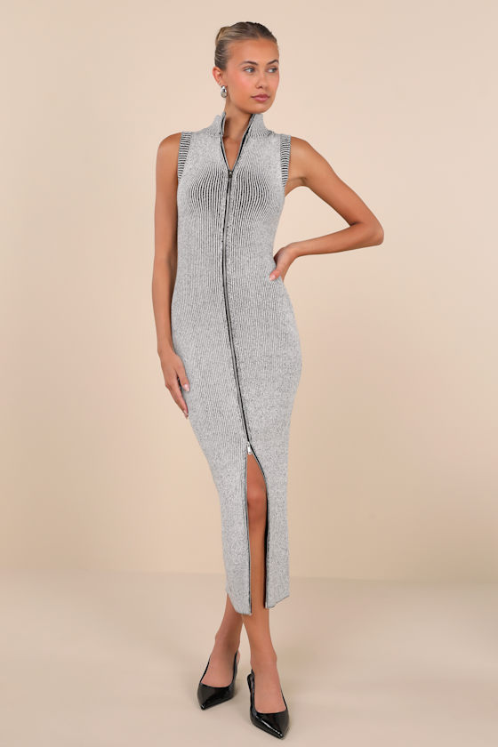 Confident Moves Light Grey Marled Zip-Front Midi Sweater Dress 1