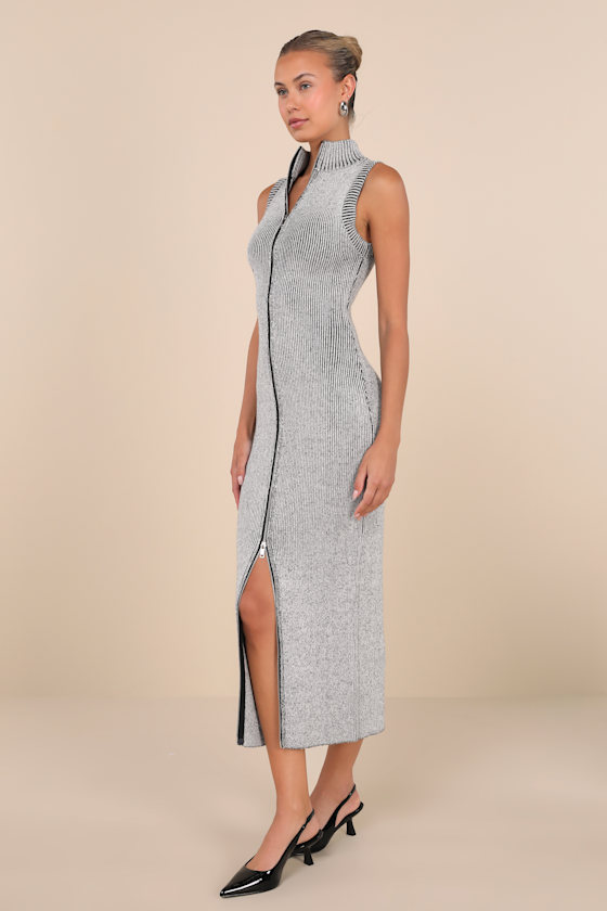 Confident Moves Light Grey Marled Zip-Front Midi Sweater Dress 3
