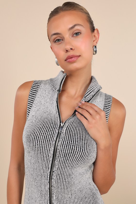 Lulus Confident Moves Light Grey Marled Zip-front Midi Sweater Dress In Light Grey