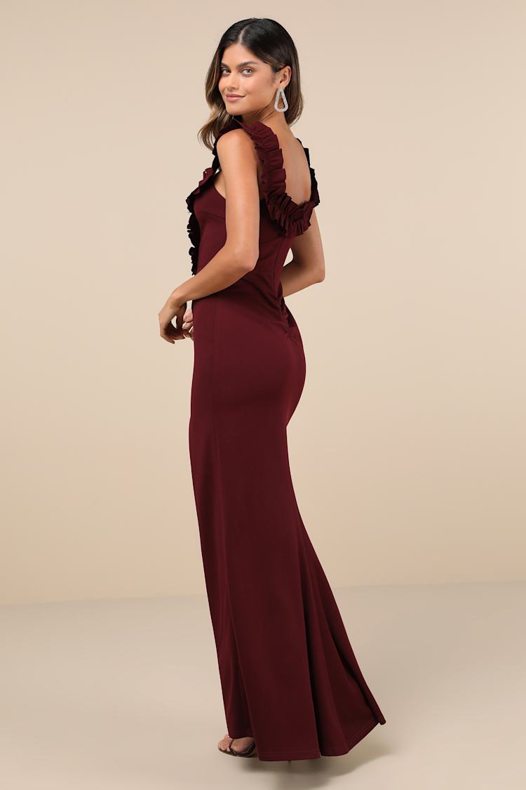 wedding dress burgundy accents Burgundy Sequin Prom Dresses With Slit Mermaid Off the Shoulder Evenin –  Viniodress main image 0