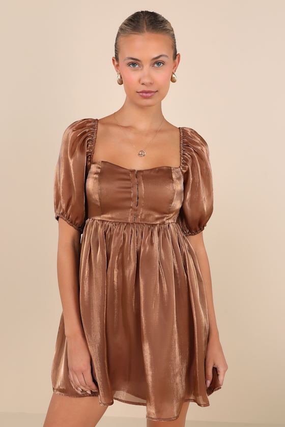 Desired Delight Brown Puff Sleeve Babydoll Mini Dress 1