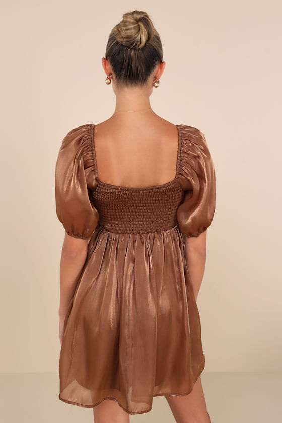 Lulus Desired Delight Brown Puff Sleeve Babydoll Mini Dress In Brown