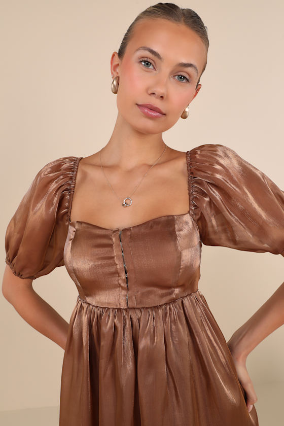 Lulus Desired Delight Brown Puff Sleeve Babydoll Mini Dress In Brown