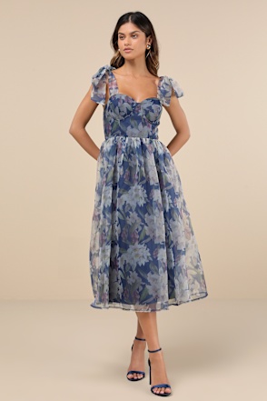 Blue Bustier Midi Dress - Floral Organza Dress - Tie-Strap Dress - Lulus