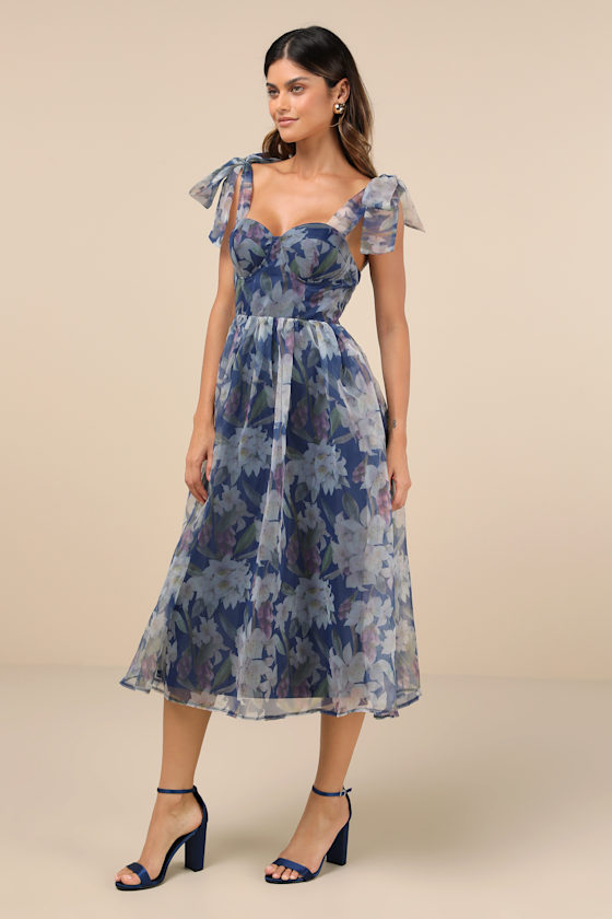 Lulus Exceptionally Marvelous Blue Floral Organza Bustier Midi Dress In Blue