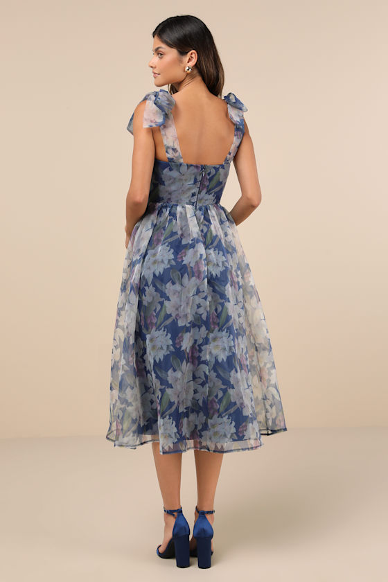 Lulus Exceptionally Marvelous Blue Floral Organza Bustier Midi Dress In Blue