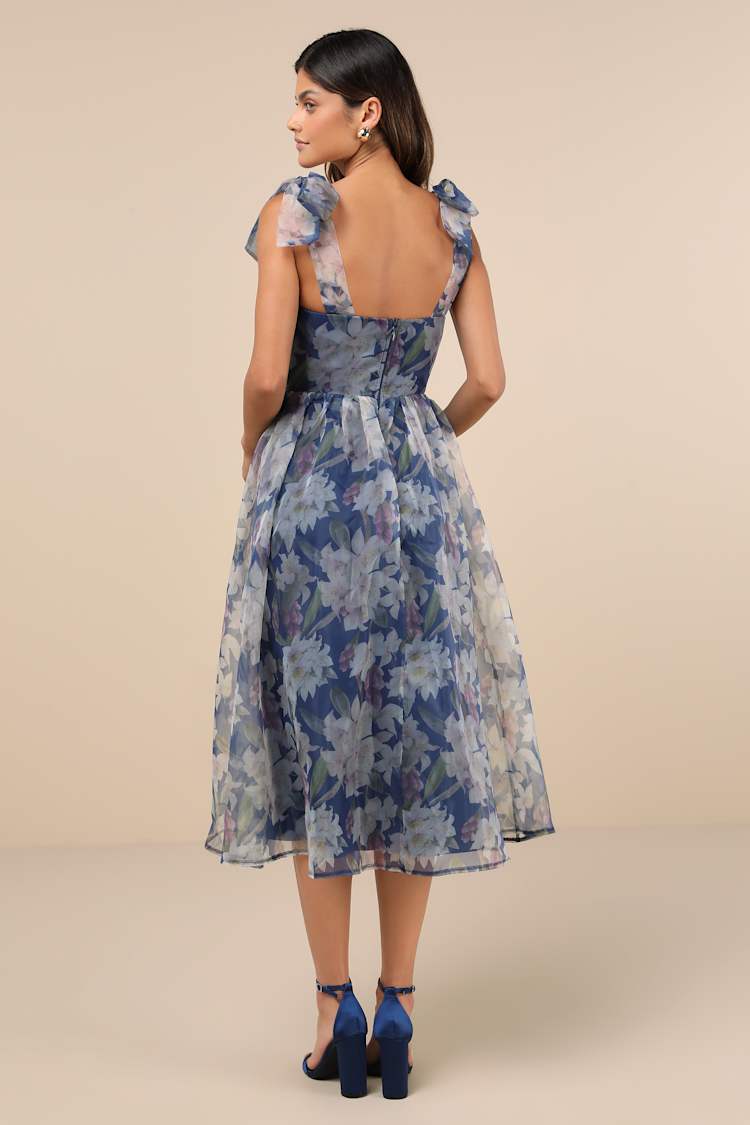 Exceptionally Marvelous Blue Floral Organza Bustier Midi Dress