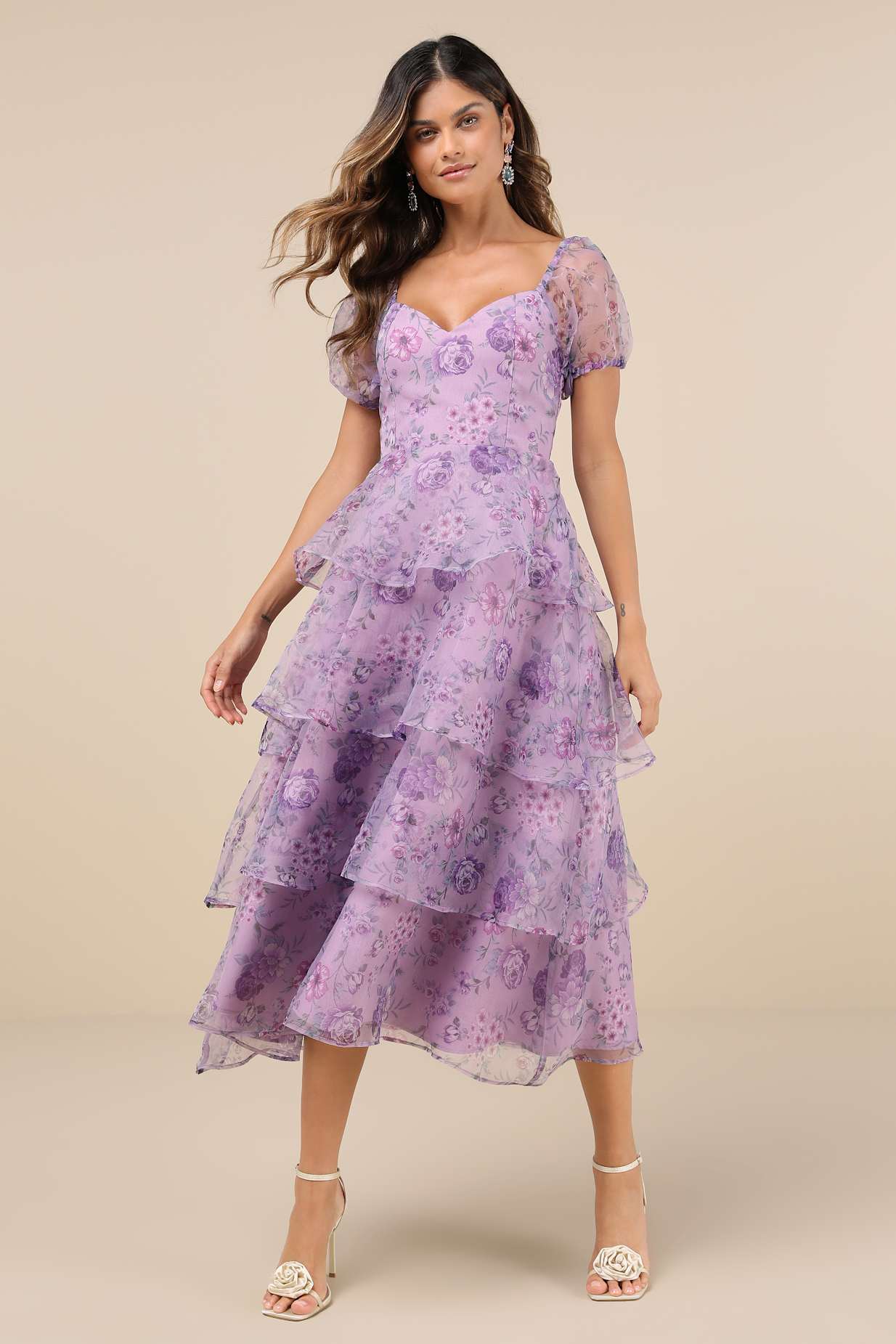 Oh-So Stunning Purple Floral Organza Tiered Midi Dress