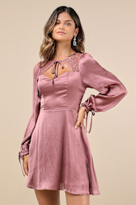 Consistent Beauty Mauve Pink Lace Cutout Long Sleeve Mini Dress