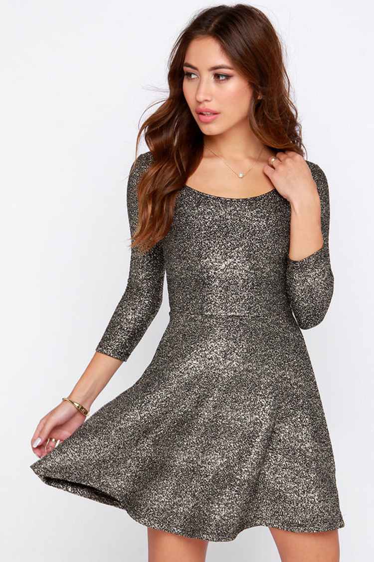 slim fit dress slacks Gold Silver Metallic Mock Neck Skater Dress Medium