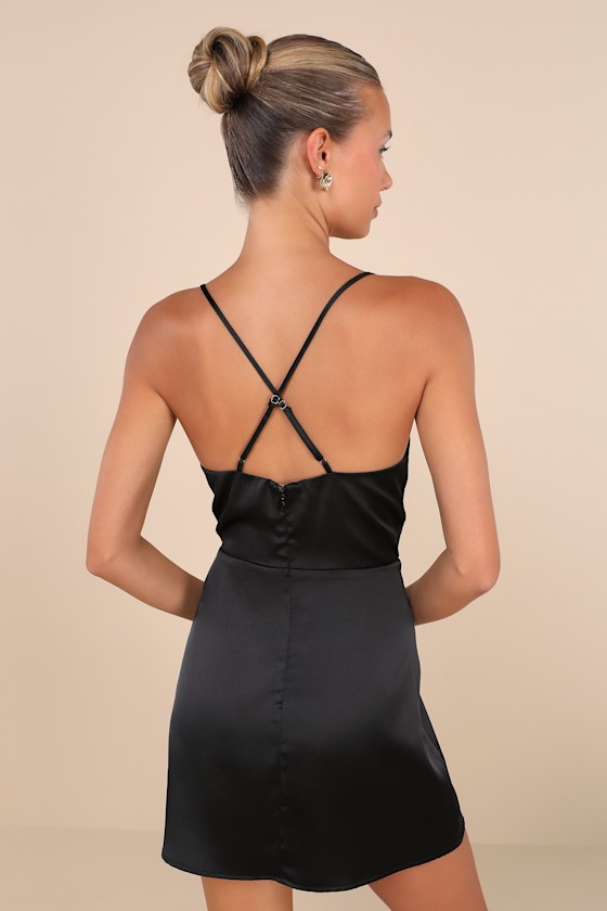 Luxe Reputation Black Satin Sleeveless Cowl Neck Mini Dress 3