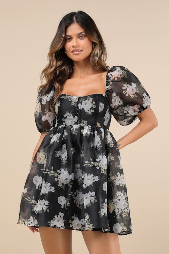 Lulus Desired Delight Black Floral Puff Sleeve Babydoll Mini Dress In Black
