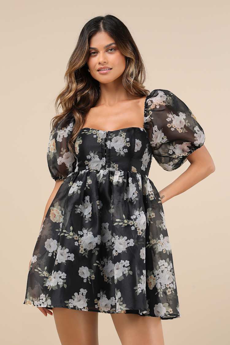 Lulus | Black Floral Puff Sleeve Babydoll Mini Dress | Womens | Medium (Available in S) | 100% Polyester Lulus | Black Floral Puff Sleeve Babydoll Mini Dress | Womens | Medium (Available in S) | 100% Polyester