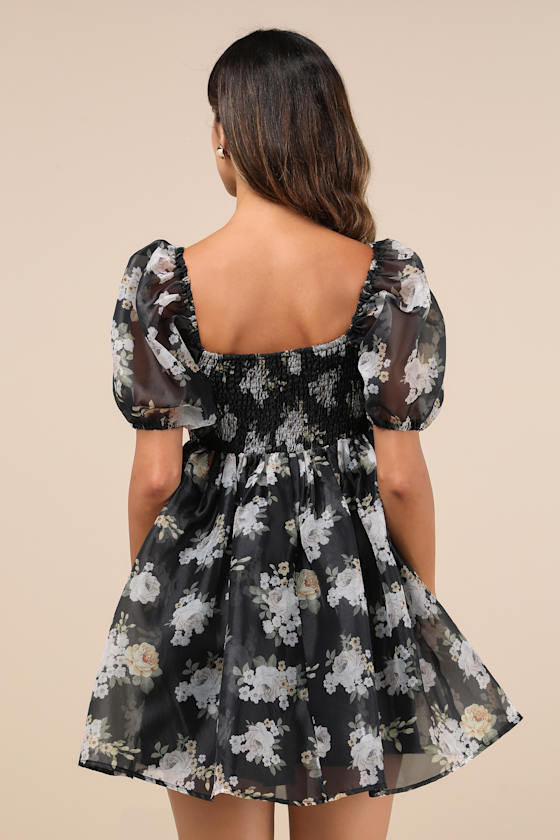 Lulus Desired Delight Black Floral Puff Sleeve Babydoll Mini Dress In Black