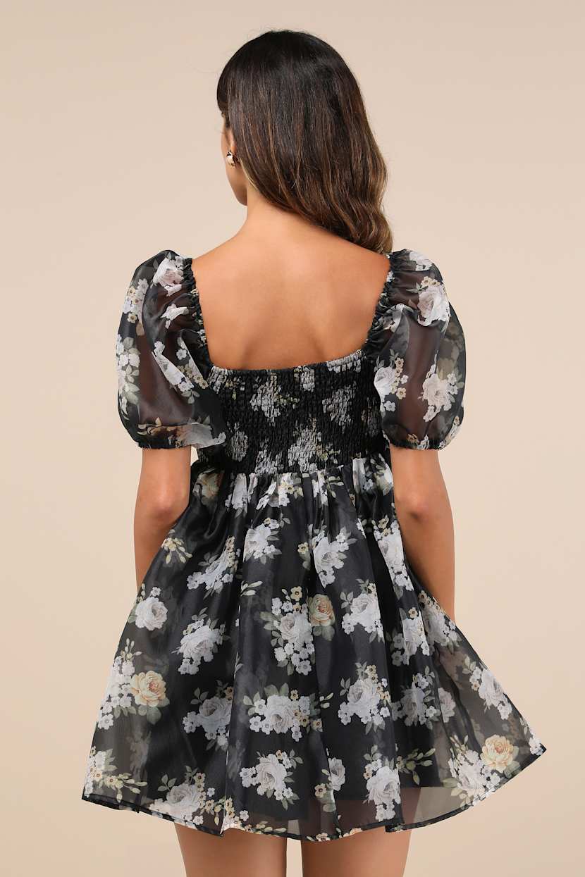 black and brown mini dress Black/Brown Floral Jacquard Puff Sleeve Back Bow Mini Dress