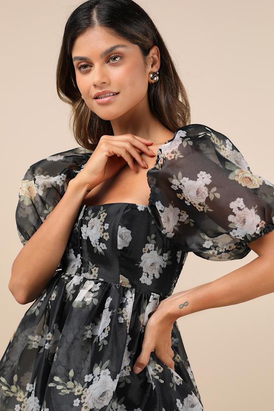 Lulus Desired Delight Black Floral Puff Sleeve Babydoll Mini Dress In Black