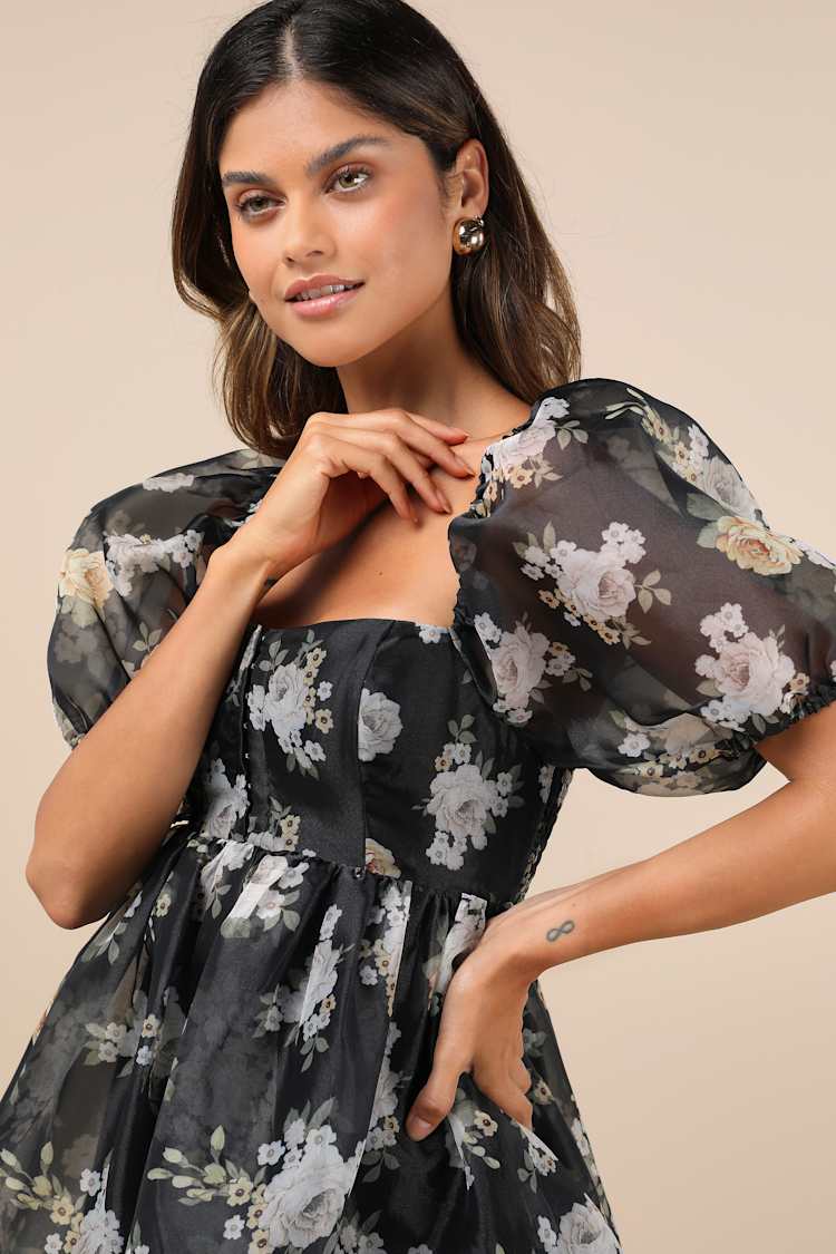babydoll mini dress black Black Ruffled Off Shoulder Babydoll Mini Dress main image 0