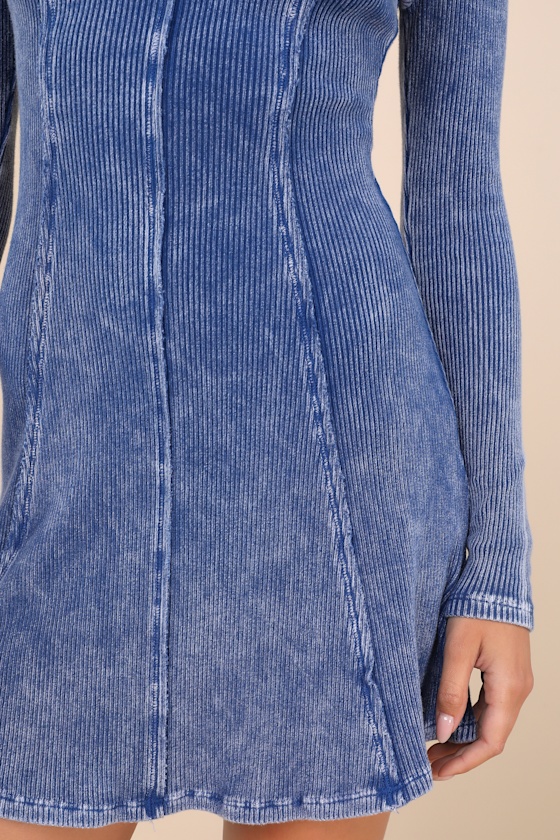 Lulus Pristine Cuteness Washed Blue Ribbed Long Sleeve Mini Dress In Washed Blue