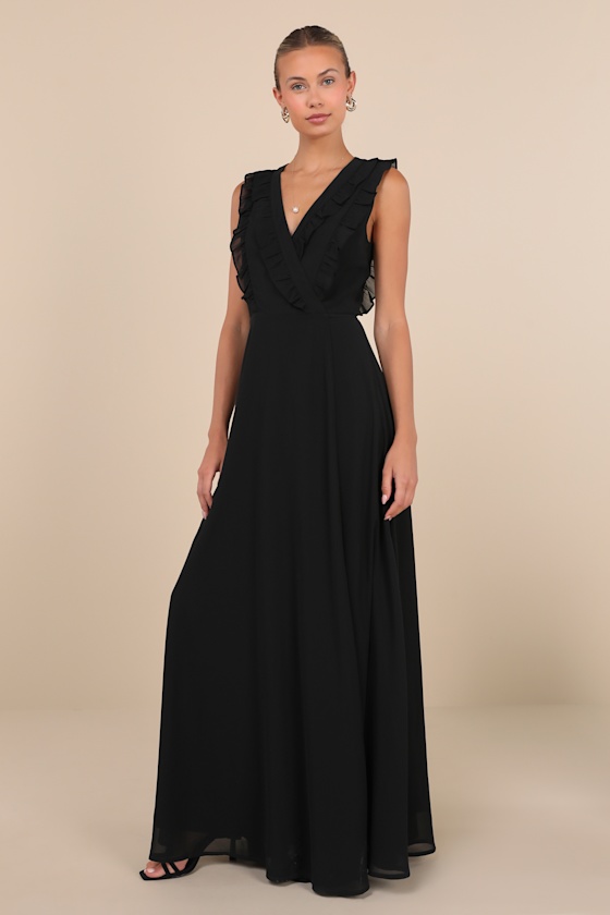 Lulus Major Elegance Black Sleeveless Ruffled Wrap Maxi Dress In Black