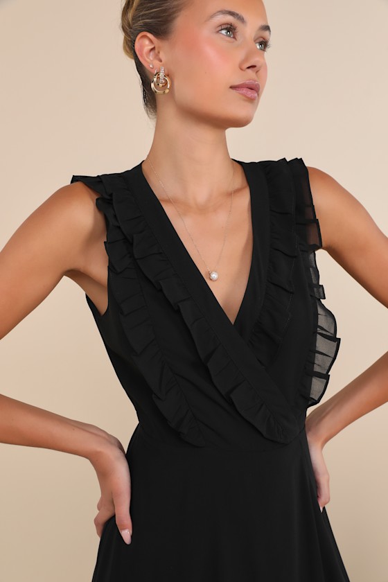 Lulus Major Elegance Black Sleeveless Ruffled Wrap Maxi Dress In Black