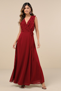 Major Elegance Wine Red Sleeveless Ruffled Wrap Maxi Dress 1