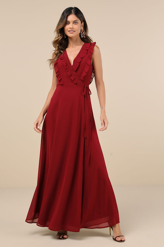 Major Elegance Wine Red Sleeveless Ruffled Wrap Maxi Dress 1