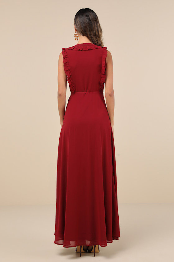 Lulus Major Elegance Wine Red Sleeveless Ruffled Wrap Maxi Dress In Wine Red