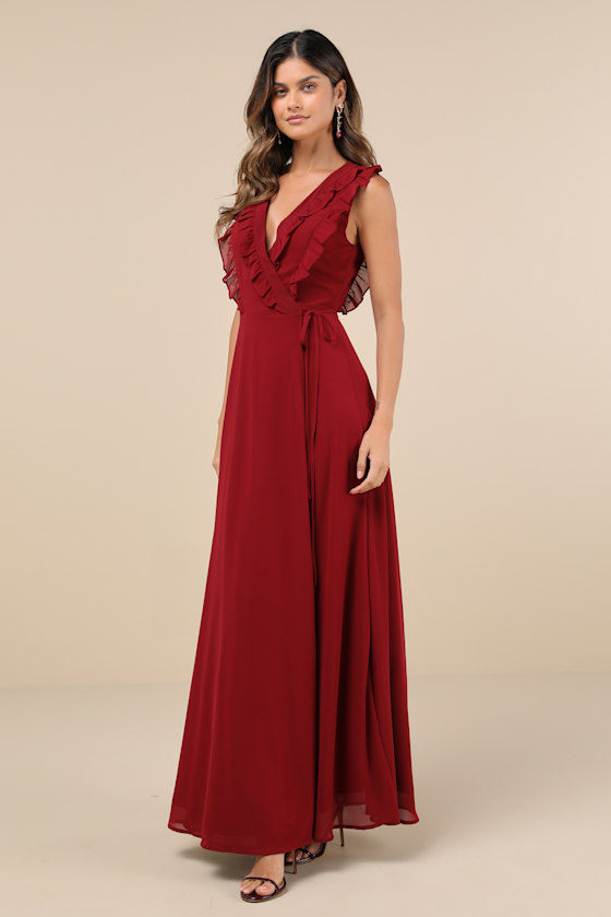 Lulus Major Elegance Wine Red Sleeveless Ruffled Wrap Maxi Dress In Wine Red