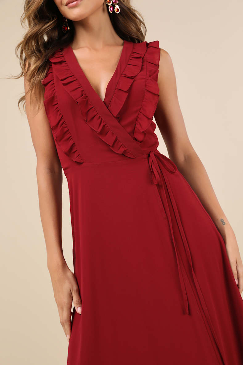 Major Elegance Wine Red Sleeveless Ruffled Wrap Maxi Dress