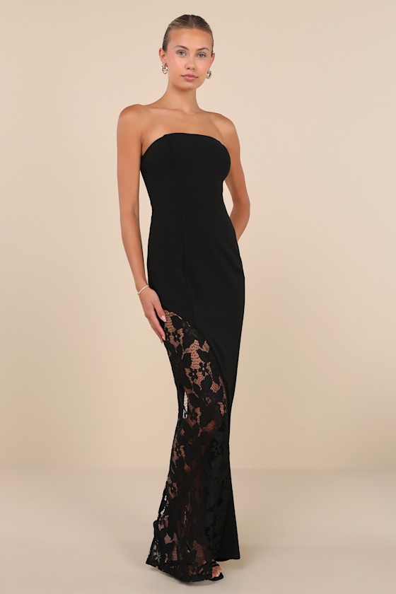 Lulus Irresistible Attitude Black Strapless Lace Column Maxi Dress In Black