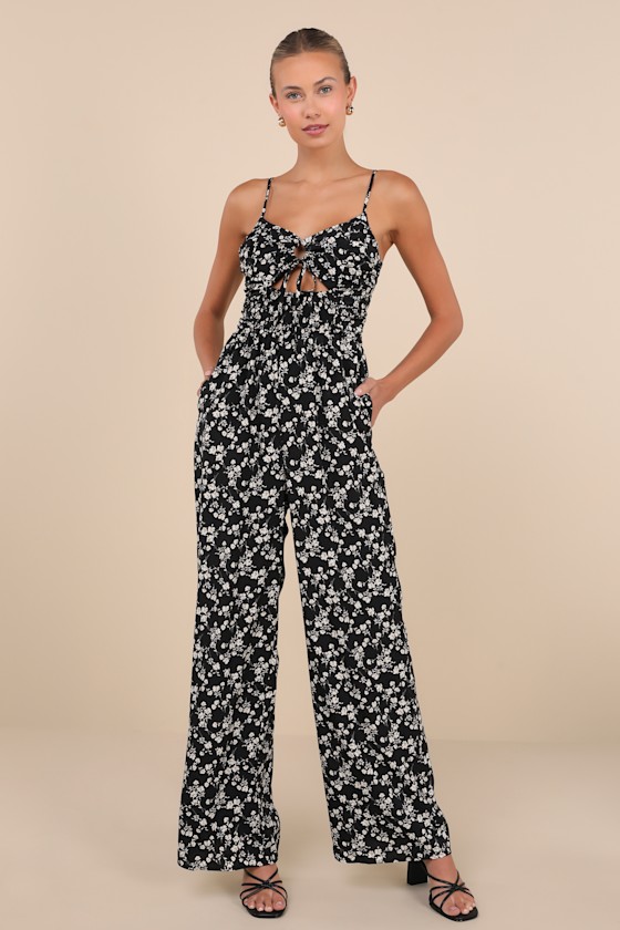 Lulus Darling Upgrade Black Floral Cutout Tie-back Wide-leg Jumpsuit In Black