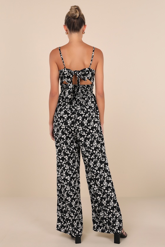 Lulus Darling Upgrade Black Floral Cutout Tie-back Wide-leg Jumpsuit In Black