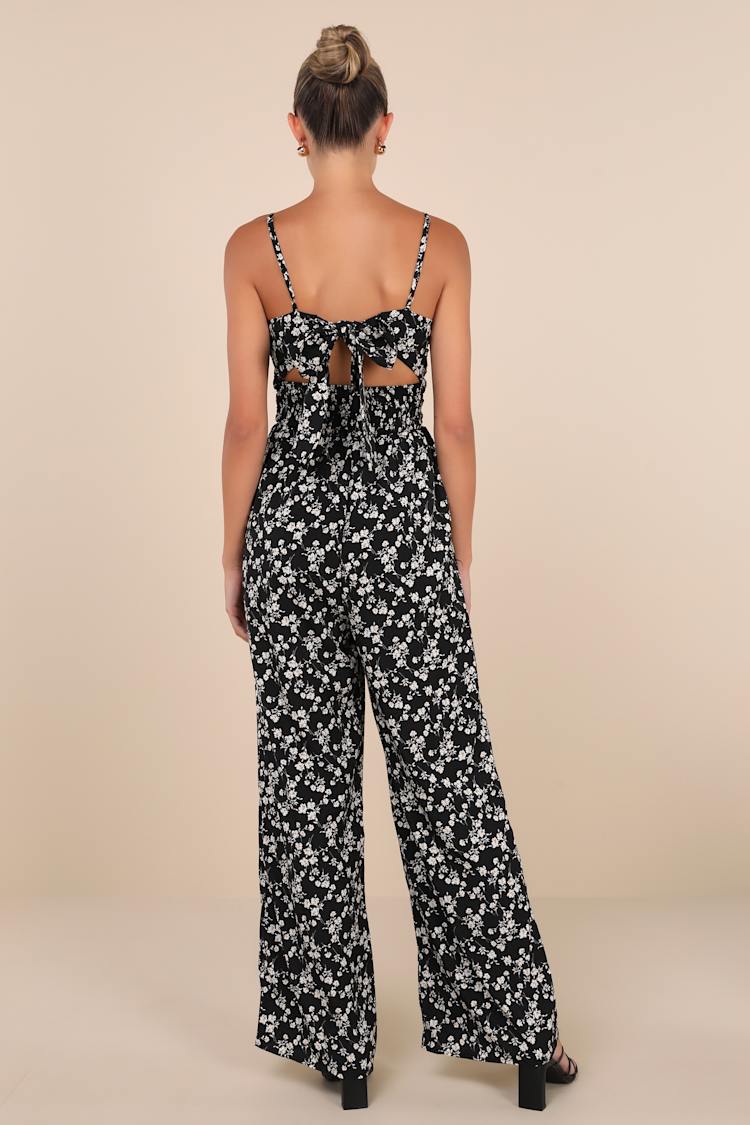 Darling Upgrade Black Floral Cutout Tie-Back Wide-Leg Jumpsuit