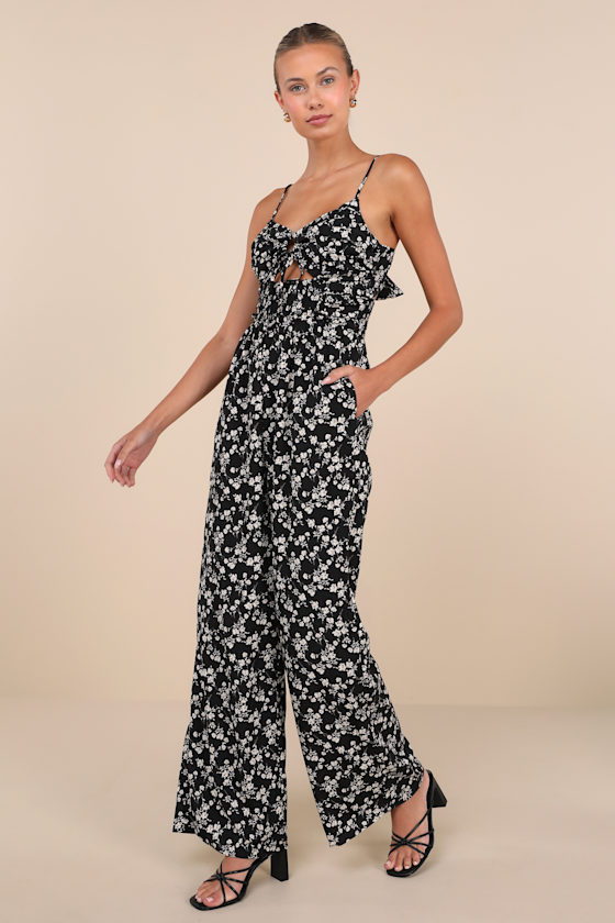 Lulus Darling Upgrade Black Floral Cutout Tie-back Wide-leg Jumpsuit In Black