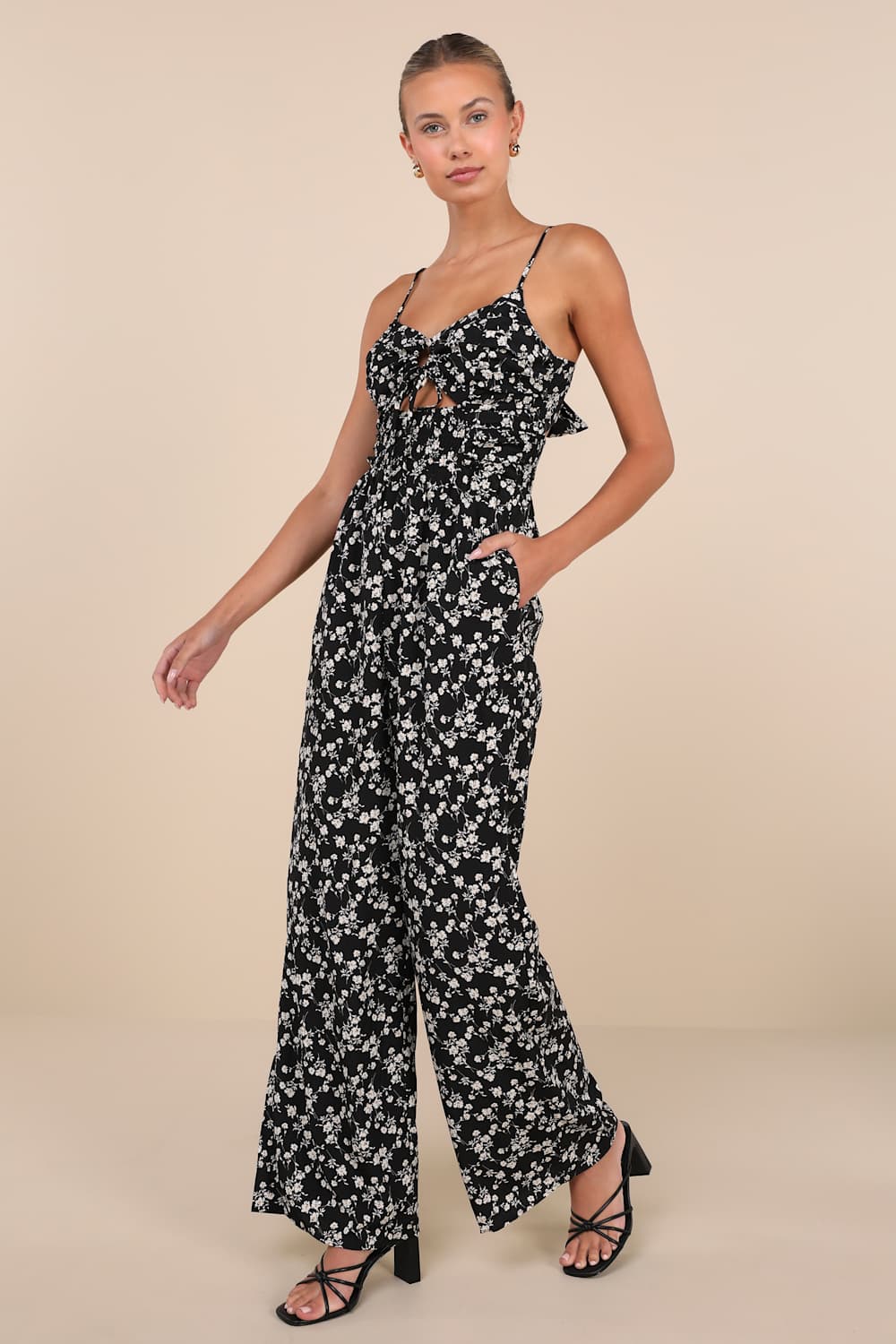 Darling Upgrade Black Floral Cutout Tie-Back Wide-Leg Jumpsuit