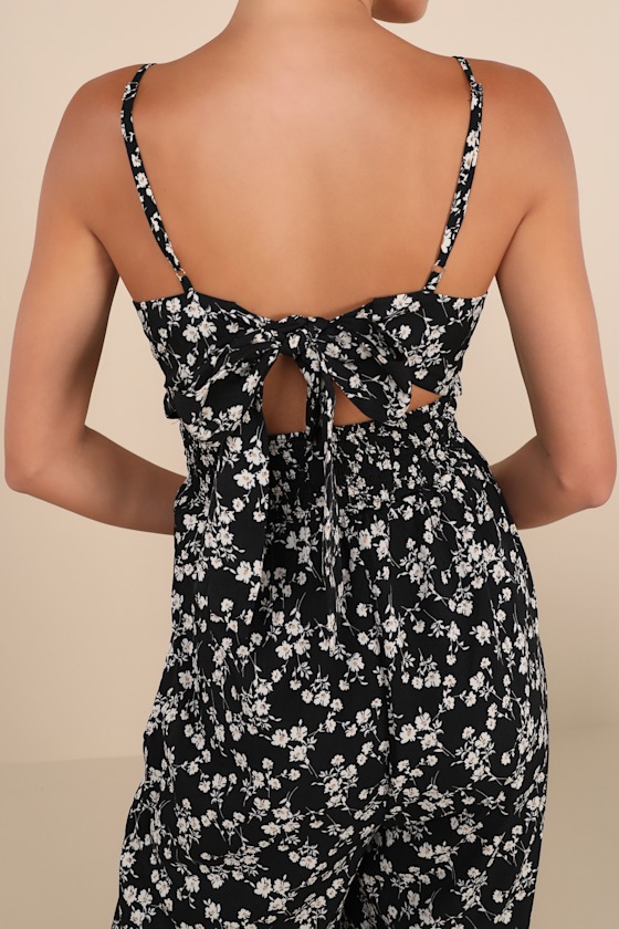 Lulus Darling Upgrade Black Floral Cutout Tie-back Wide-leg Jumpsuit In Black