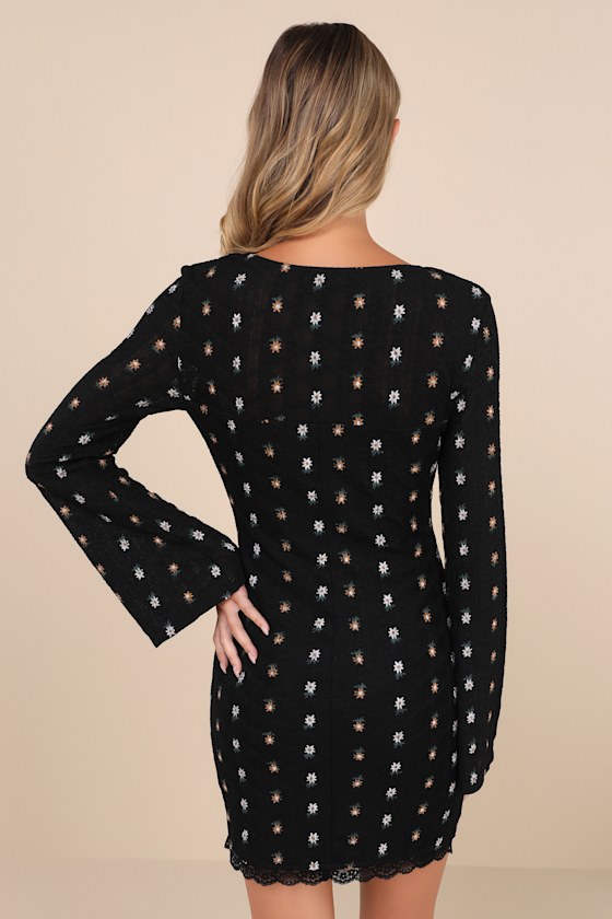 Lulus Notable Cuteness Black Floral Textured Long Sleeve Mini Dress In Black