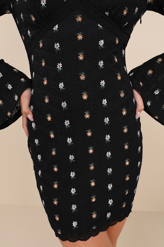 Lulus Notable Cuteness Black Floral Textured Long Sleeve Mini Dress In Black