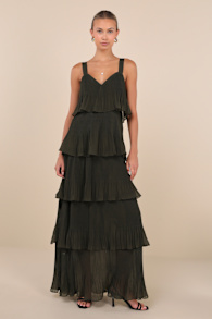 Elegant Nature Olive Green Pleated Sleeveless Tiered Maxi Dress 2