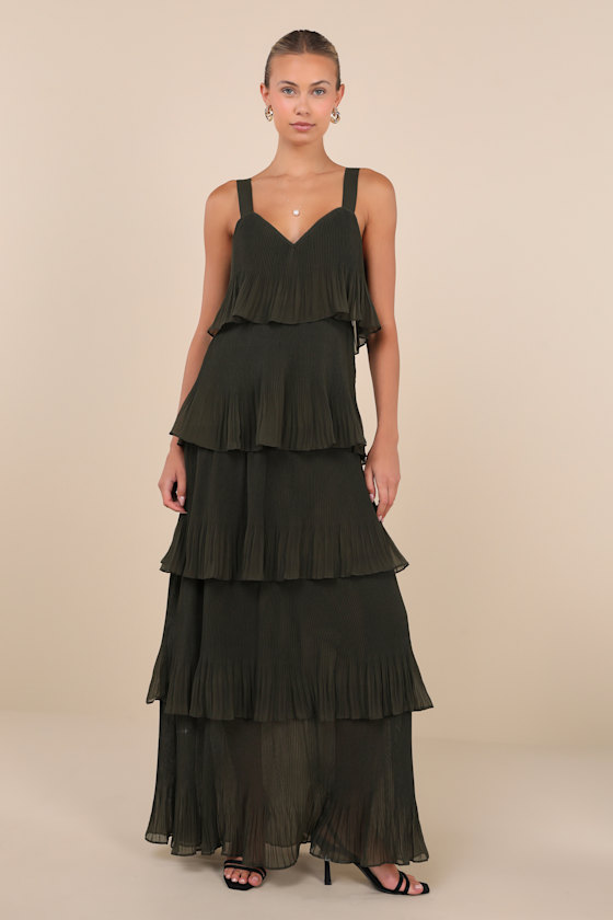 Elegant Nature Olive Green Pleated Sleeveless Tiered Maxi Dress 2