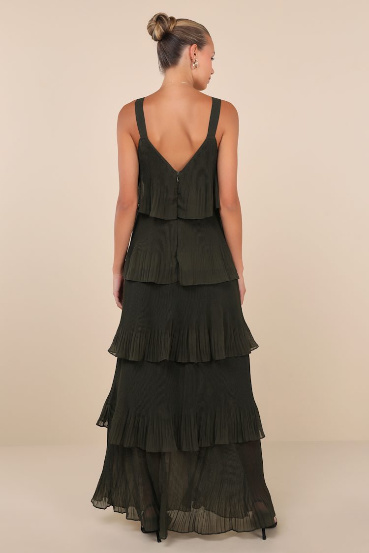 Elegant Nature Olive Green Pleated Sleeveless Tiered Maxi Dress
