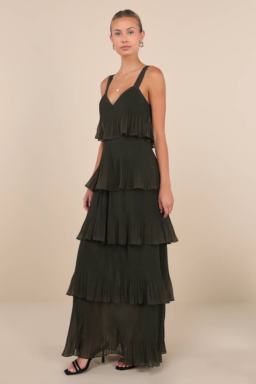Elegant Nature Olive Green Pleated Sleeveless Tiered Maxi Dress