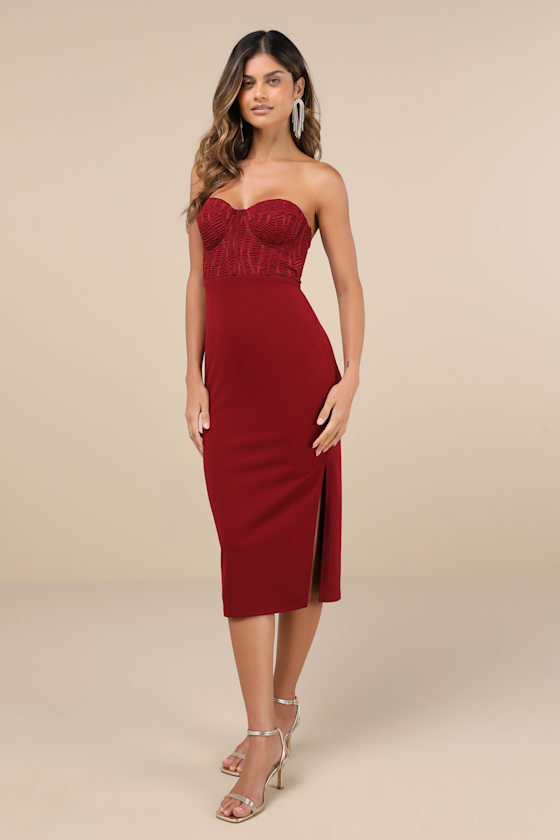 Lulus Passionate Aura Wine Red Textured Strapless Bustier Midi Dress In Wine Red