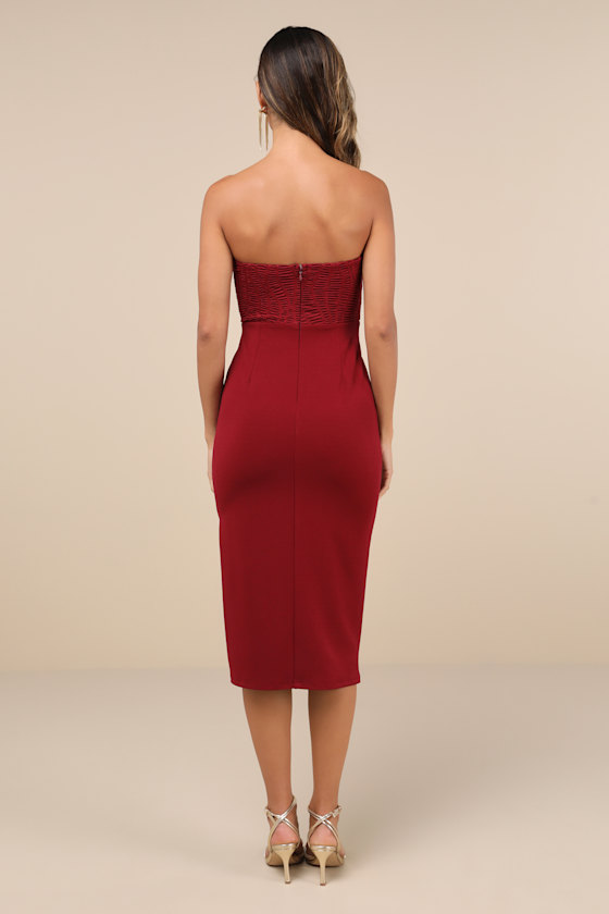 Lulus Passionate Aura Wine Red Textured Strapless Bustier Midi Dress In Wine Red