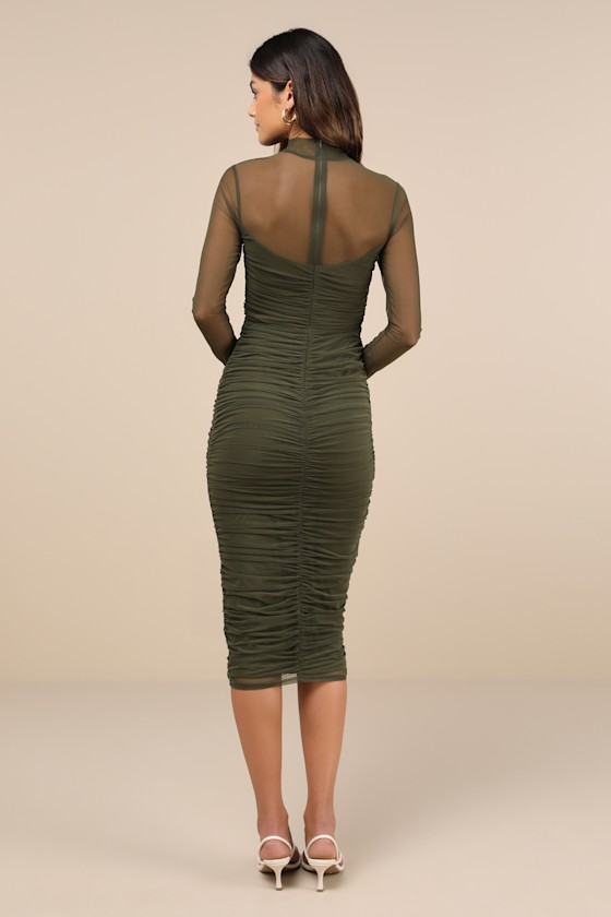 Lulus Impressive Flirt Olive Green Mesh Ruched Mock Neck Midi Dress In Olive Green