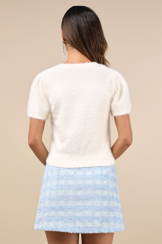 Lulus Endearing Babe Cream Pearl Eyelash Knit Short Sleeve Sweater Top In White